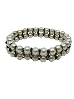 Vintage Faux Pearl & Rhinestone Stretch Bracelet - White, 6¼"